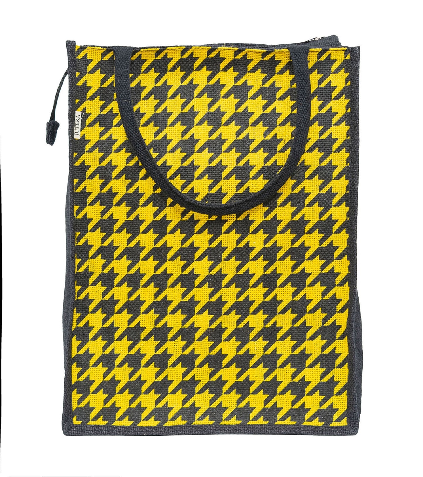 Houndstooth Jute Tote Bag - Bold Yellow & Black