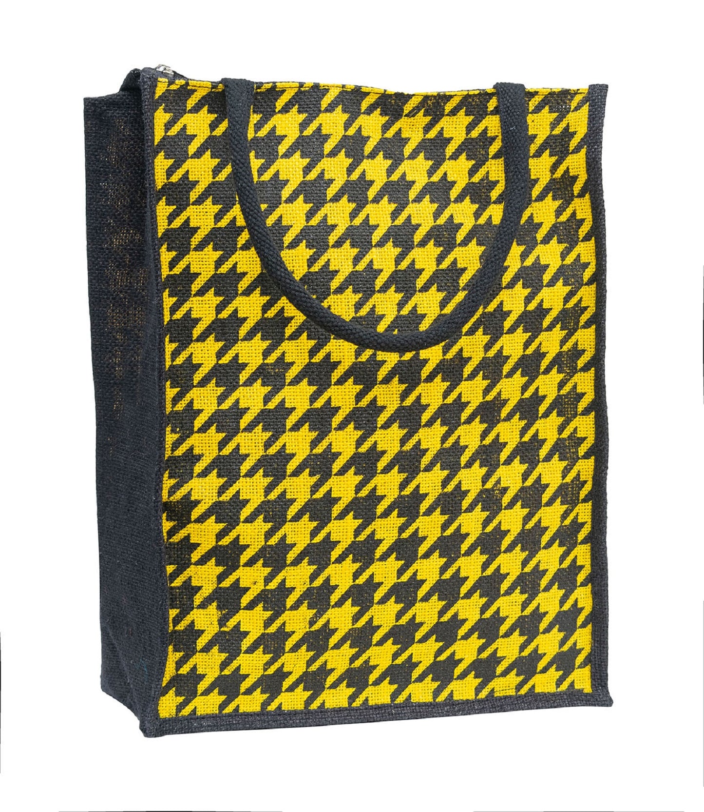 Houndstooth Jute Tote Bag - Bold Yellow & Black