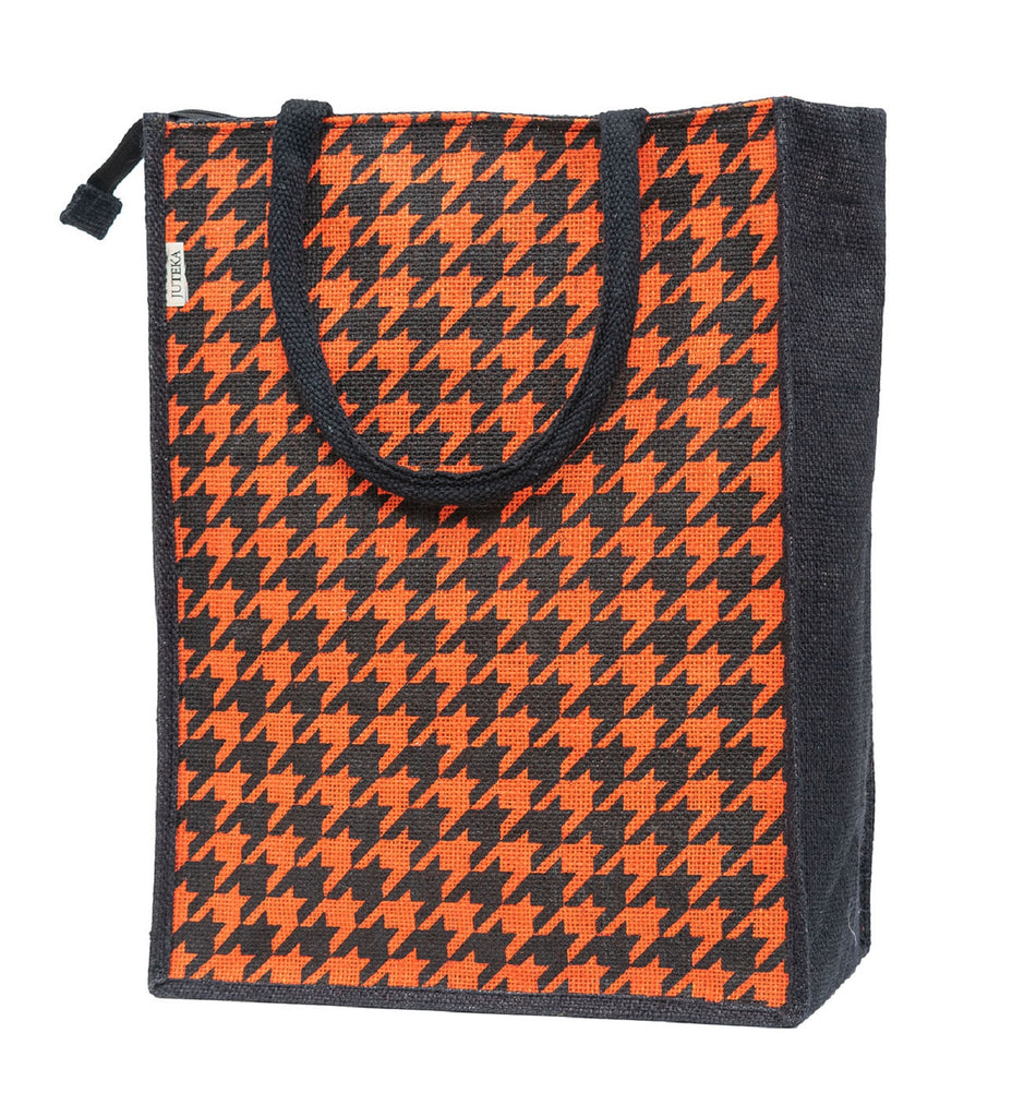 Houndstooth Jute Tote Bag - Chic Yellow & Black