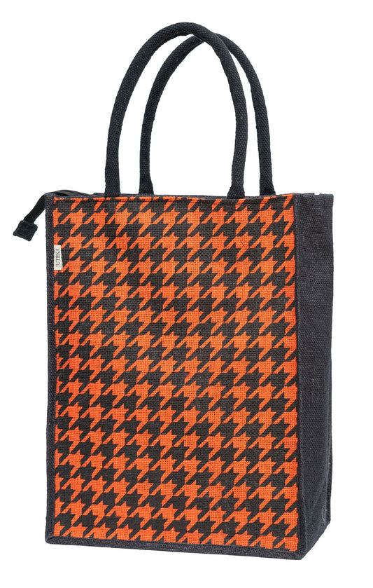 Houndstooth Jute Tote Bag - Stylish Orange & Black