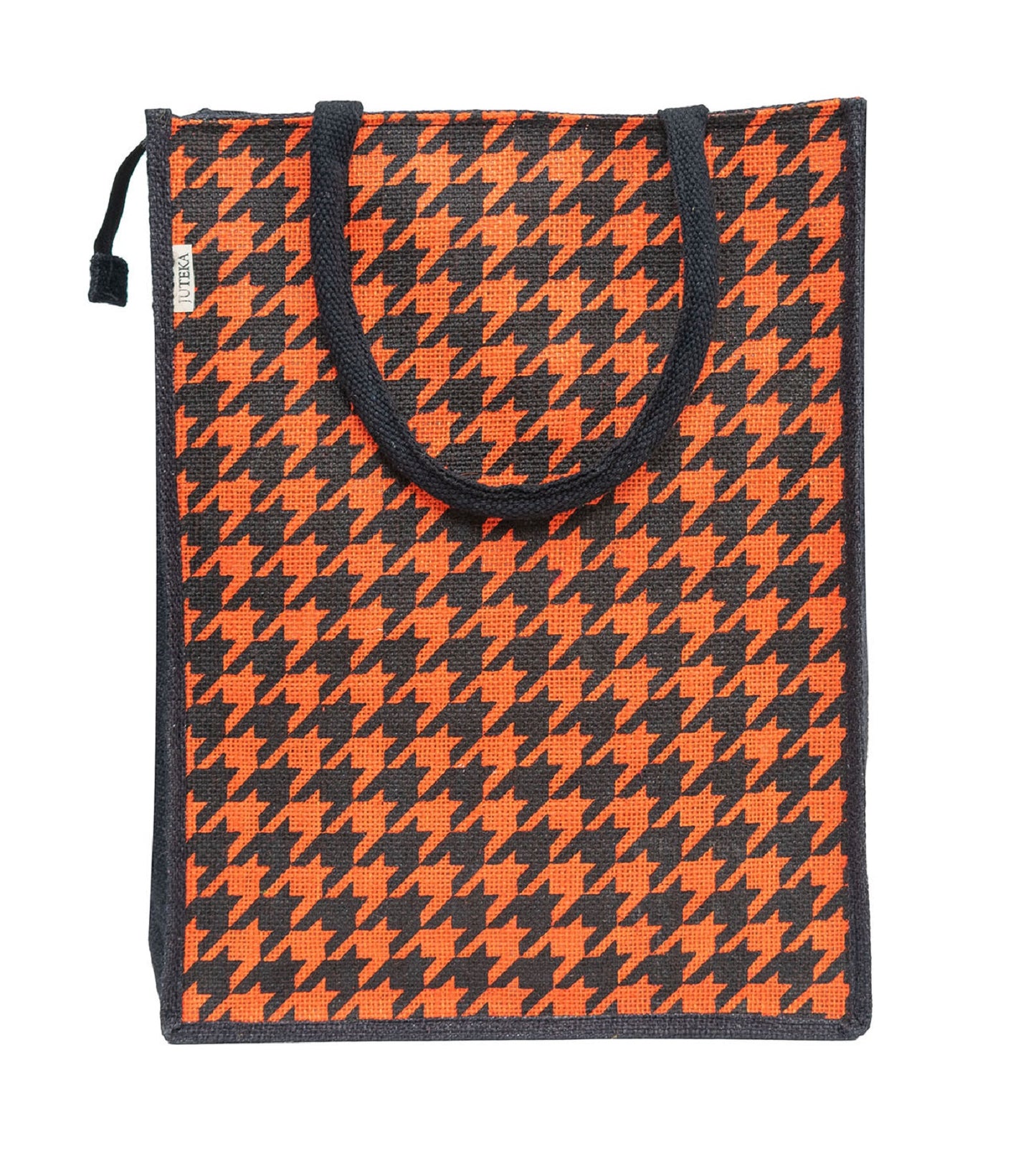 Houndstooth Jute Tote Bag - Stylish Orange & Black