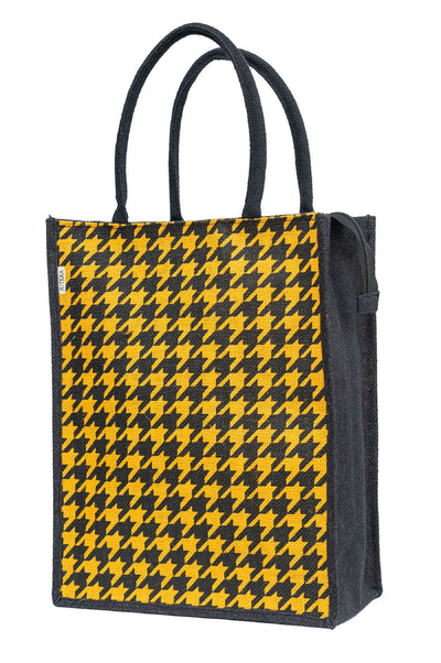 Houndstooth Jute Tote Bag - Chic Yellow & Black