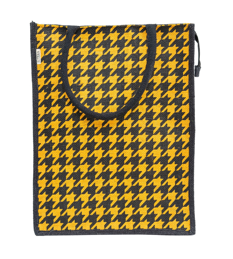 Houndstooth Jute Tote Bag - Chic Yellow & Black