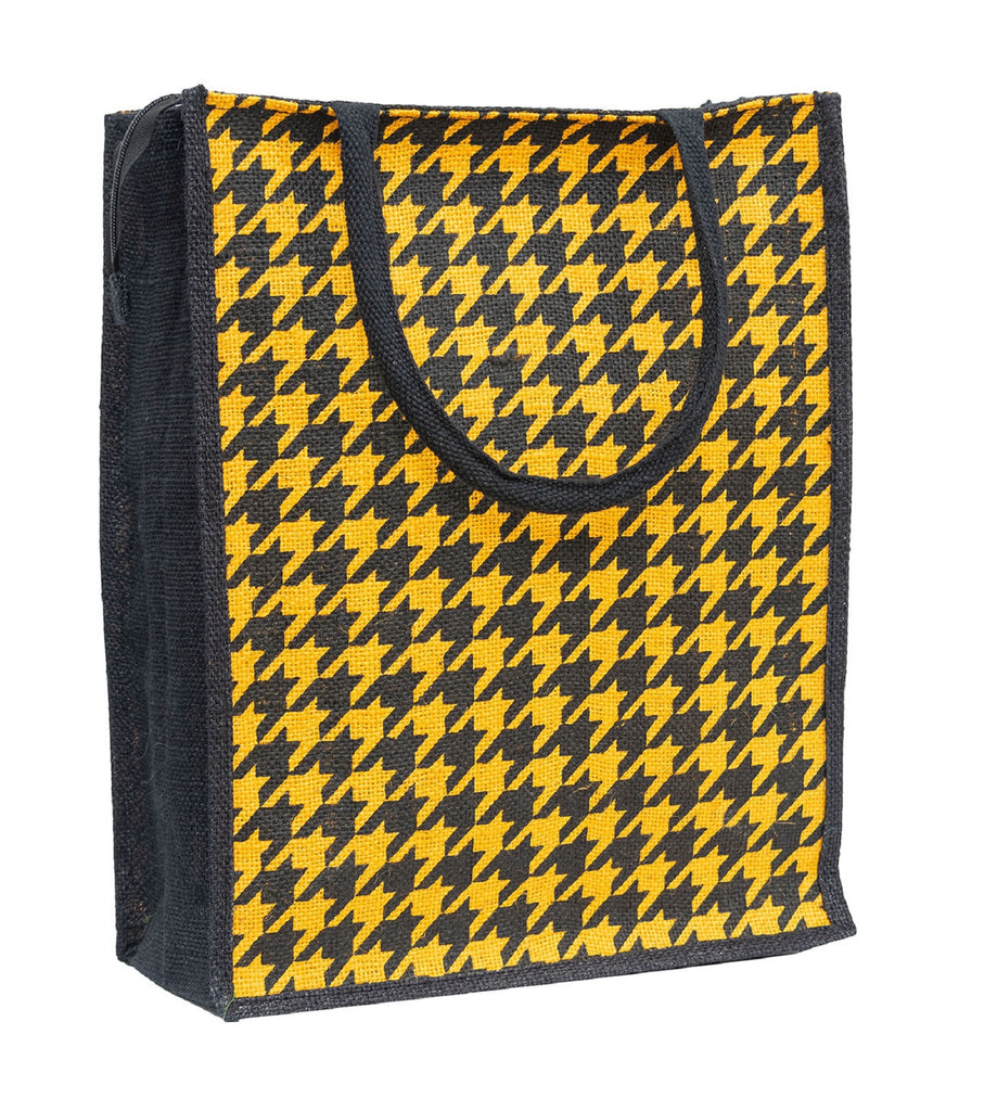 Houndstooth Jute Tote Bag - Chic Yellow & Black