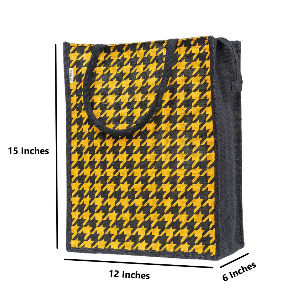 Houndstooth Jute Tote Bag - Chic Yellow & Black