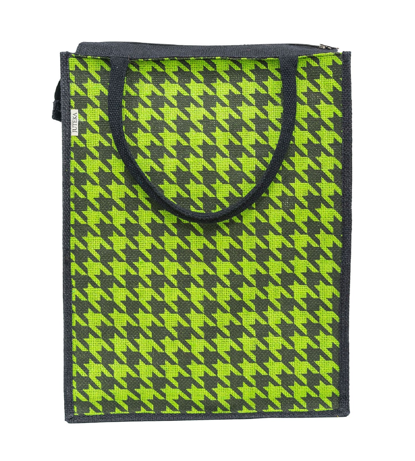 Houndstooth Jute Tote Bag - Vibrant Green & Black