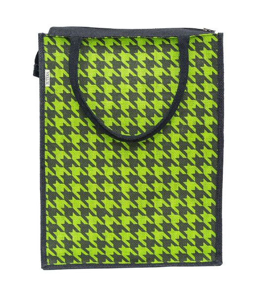 Houndstooth Jute Tote Bag - Vibrant Green & Black