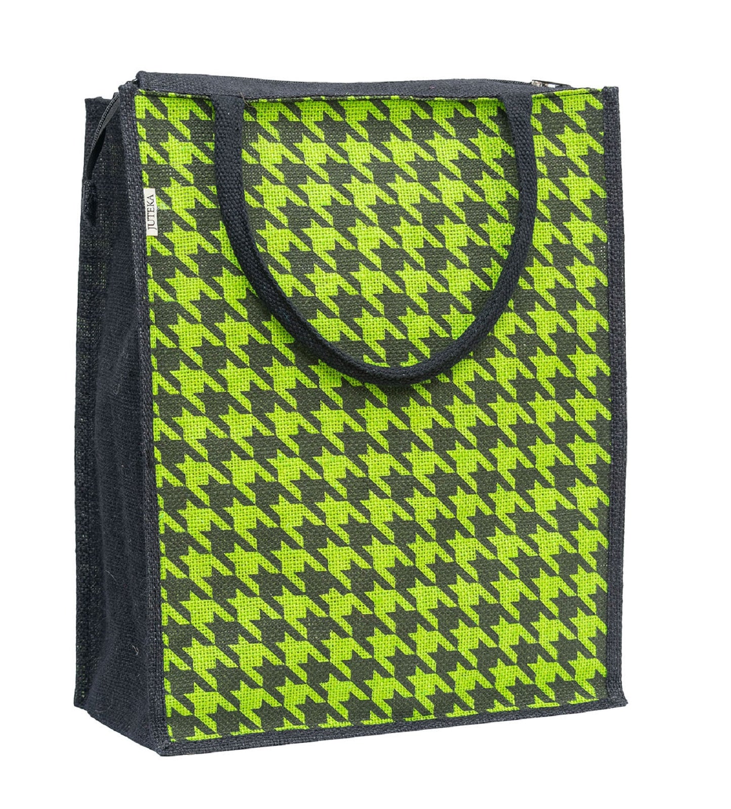 Houndstooth Jute Tote Bag - Vibrant Green & Black
