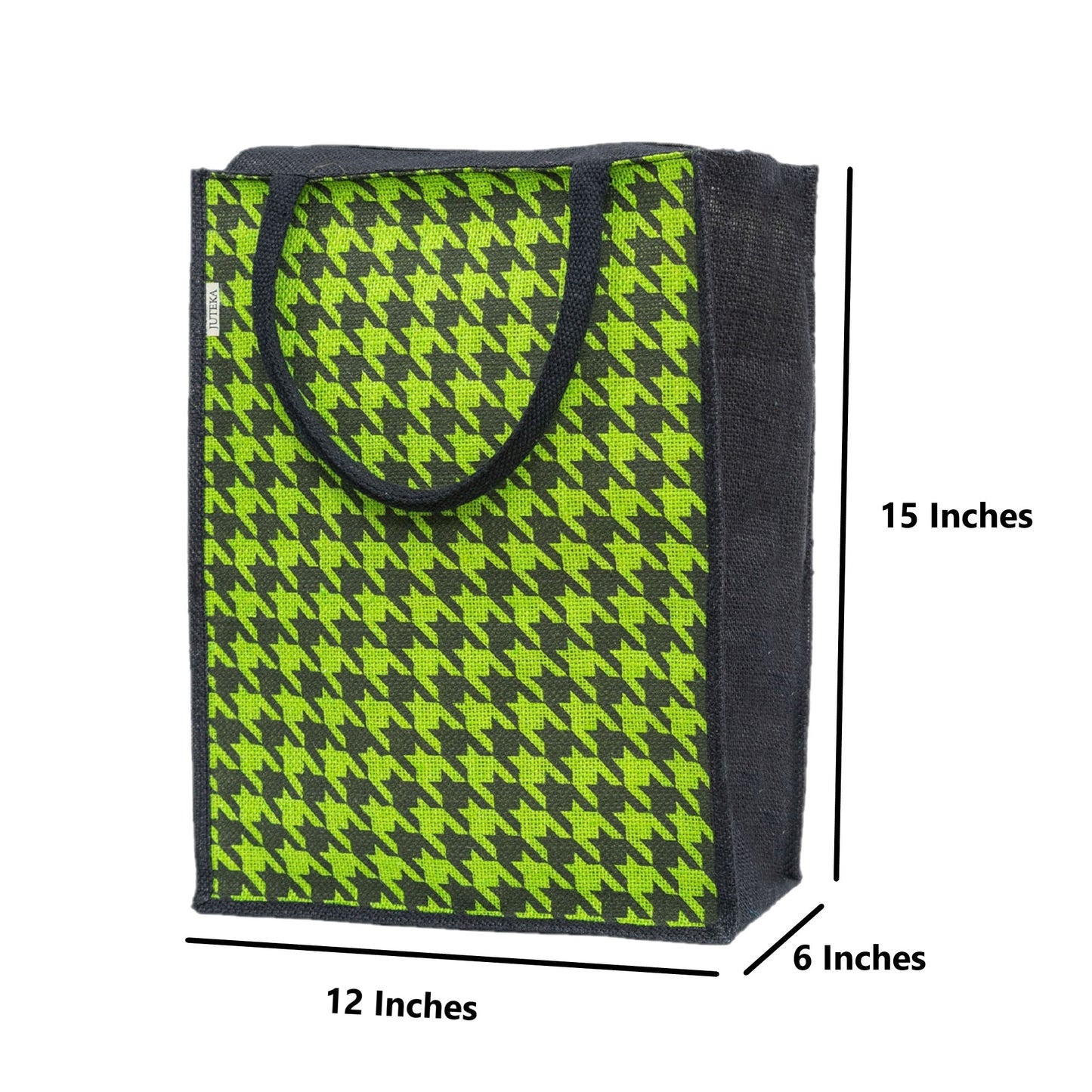 Houndstooth Jute Tote Bag - Vibrant Green & Black