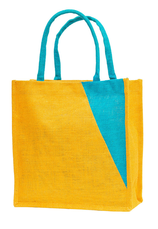 Yellow & Teal Geometric Jute Tote Bag