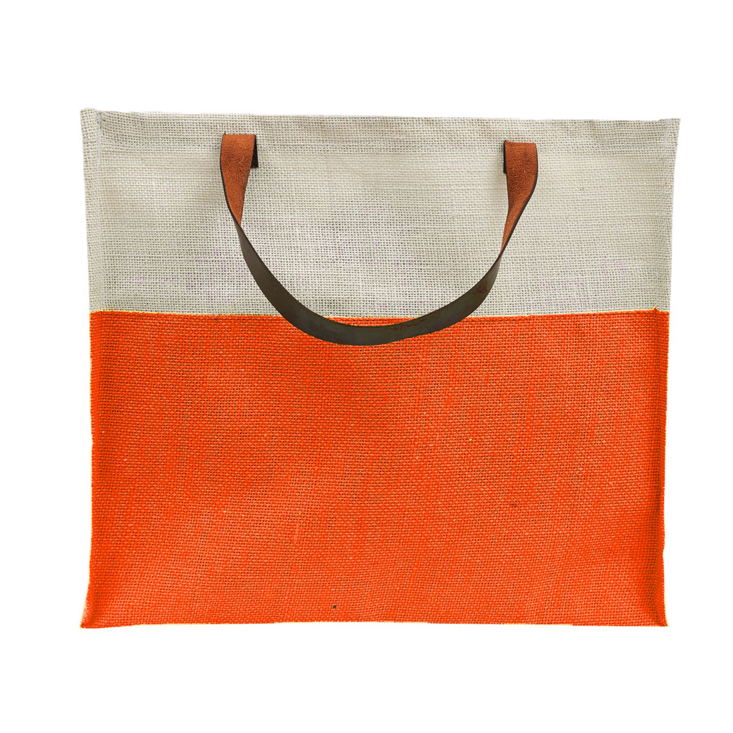 Two-Tone Jute Tote Bag with Leather Handle