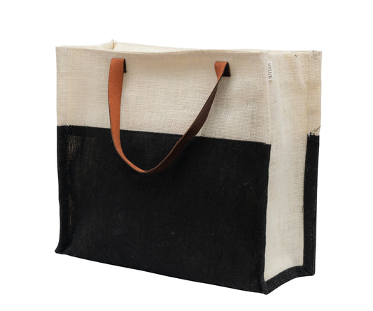 Two-Tone Jute Tote Bag with Leather Handle