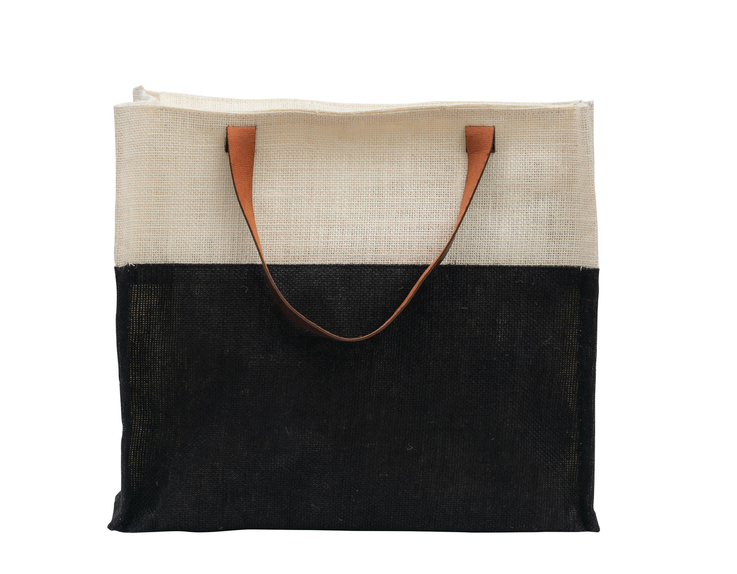 Two-Tone Jute Tote Bag with Leather Handle