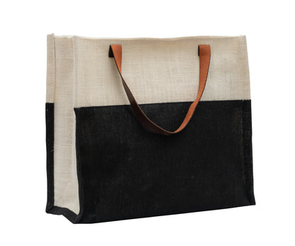 Two-Tone Jute Tote Bag with Leather Handle