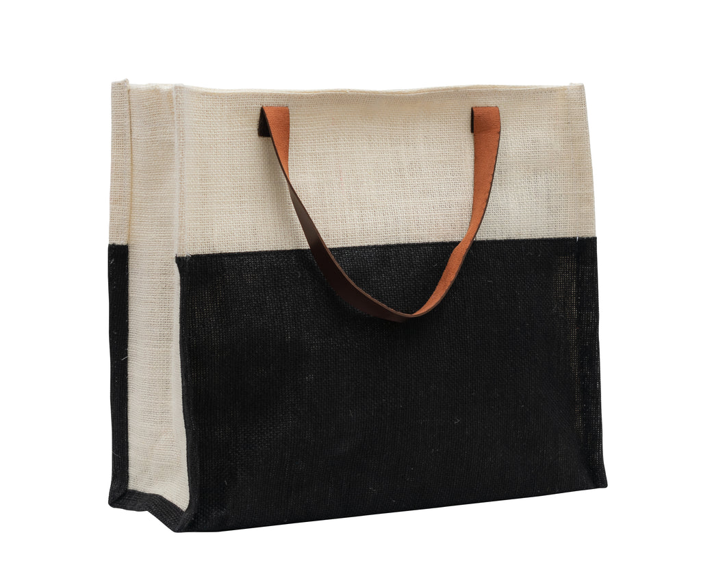 Two-Tone Jute Tote Bag with Leather Handle