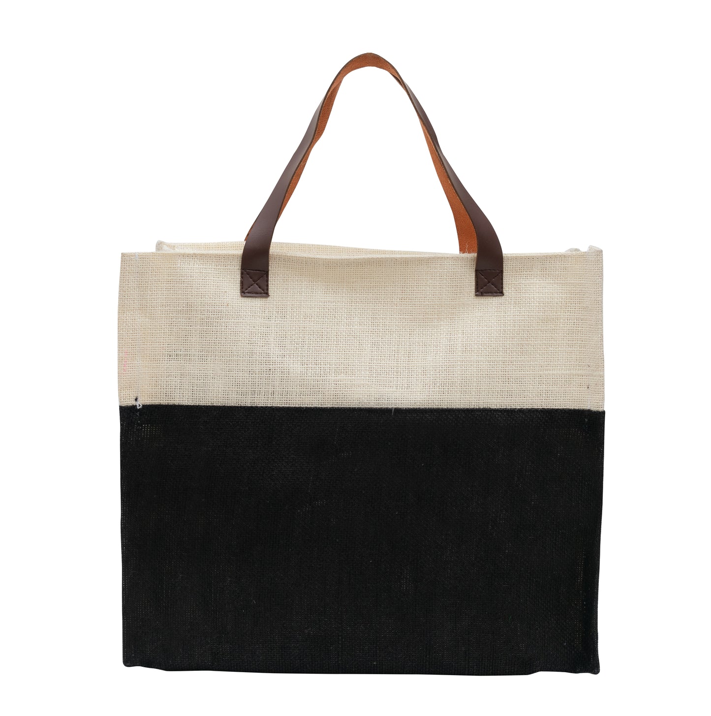Two-Tone Jute Tote Bag with Leather Handle
