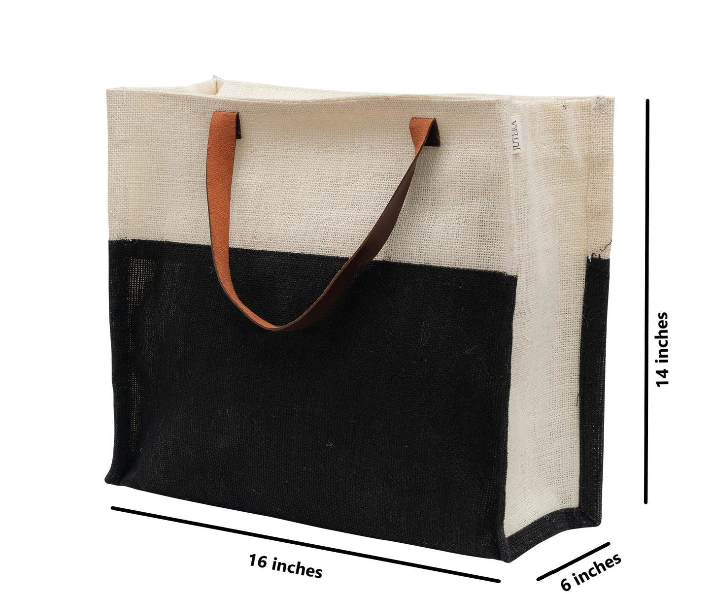 Two-Tone Jute Tote Bag with Leather Handle