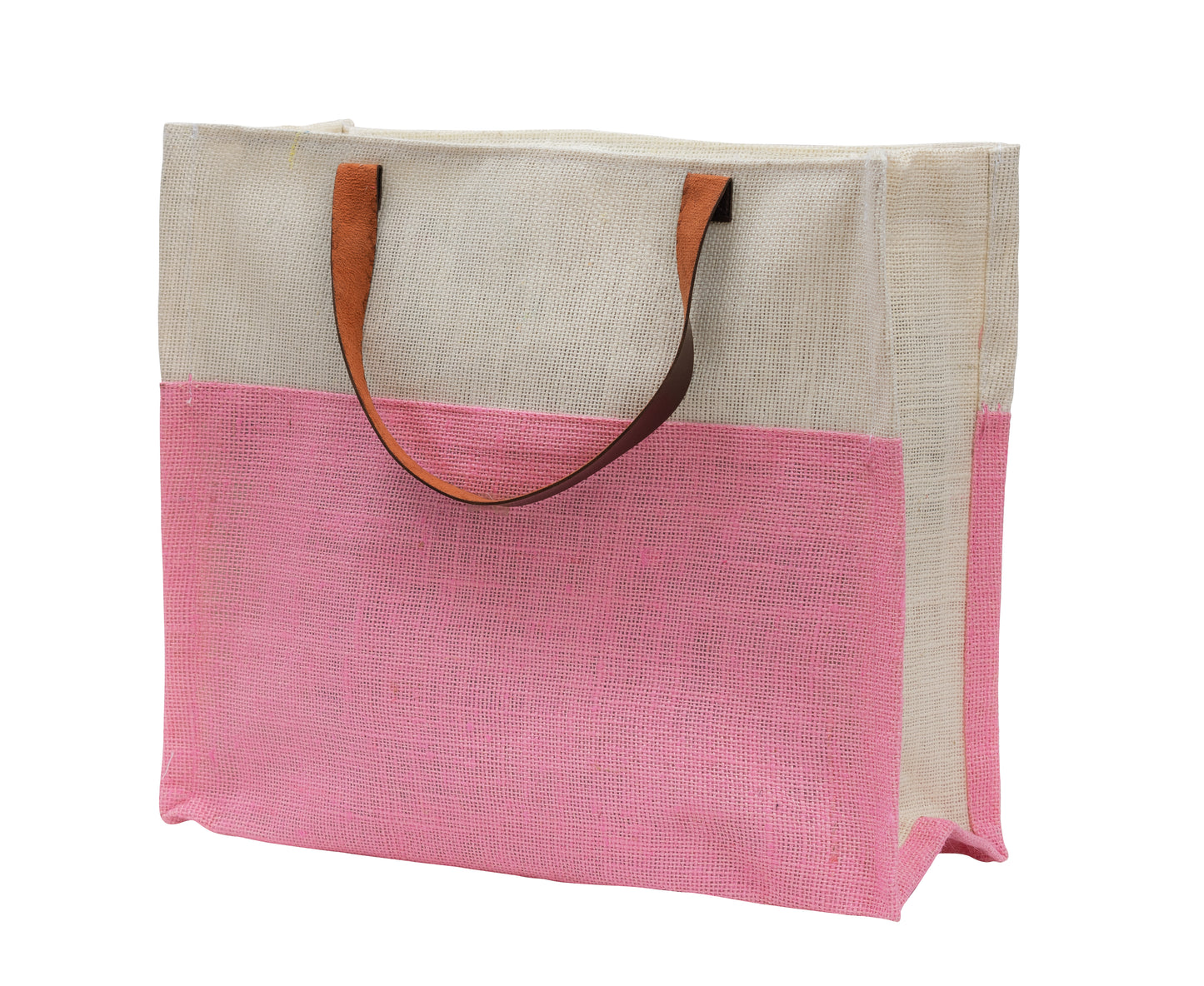 Two-Tone Jute Tote Bag with Leather Handle