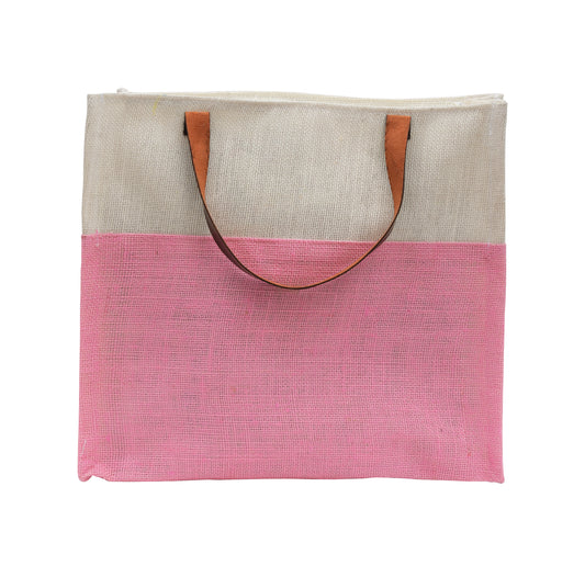 Two-Tone Jute Tote Bag with Leather Handle