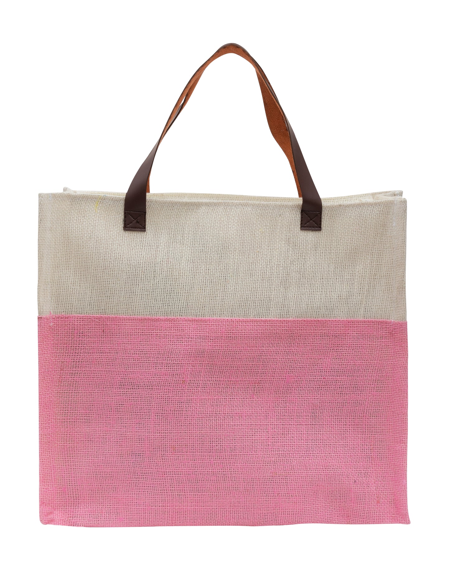 Two-Tone Jute Tote Bag with Leather Handle