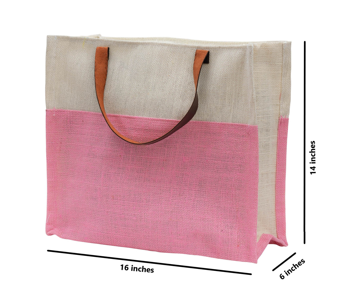 Two-Tone Jute Tote Bag with Leather Handle
