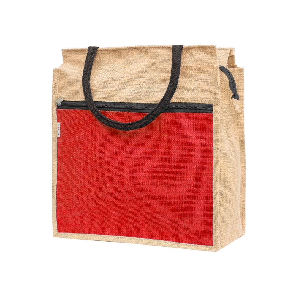 Jute Tote Bag with White Zipper Pocket