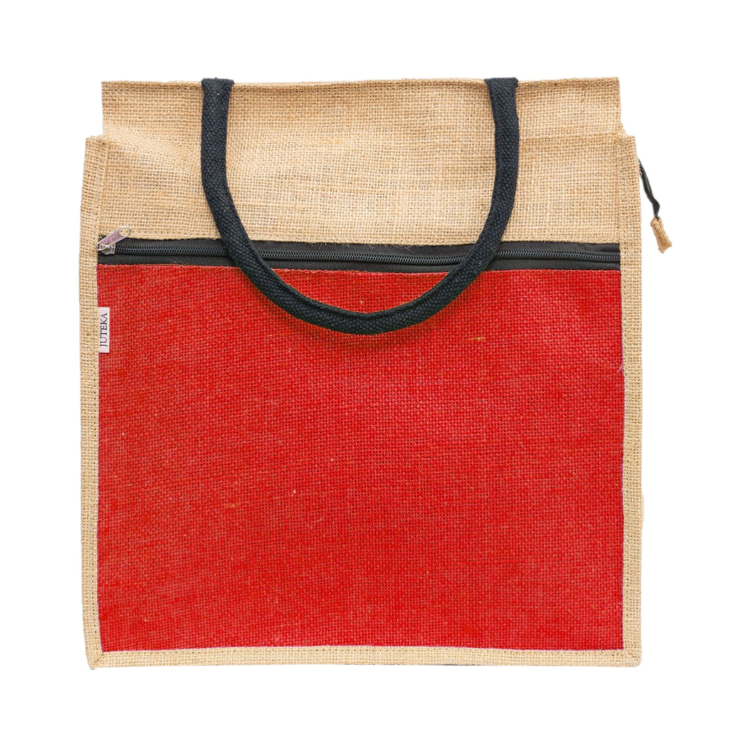 Jute Tote Bag with White Zipper Pocket