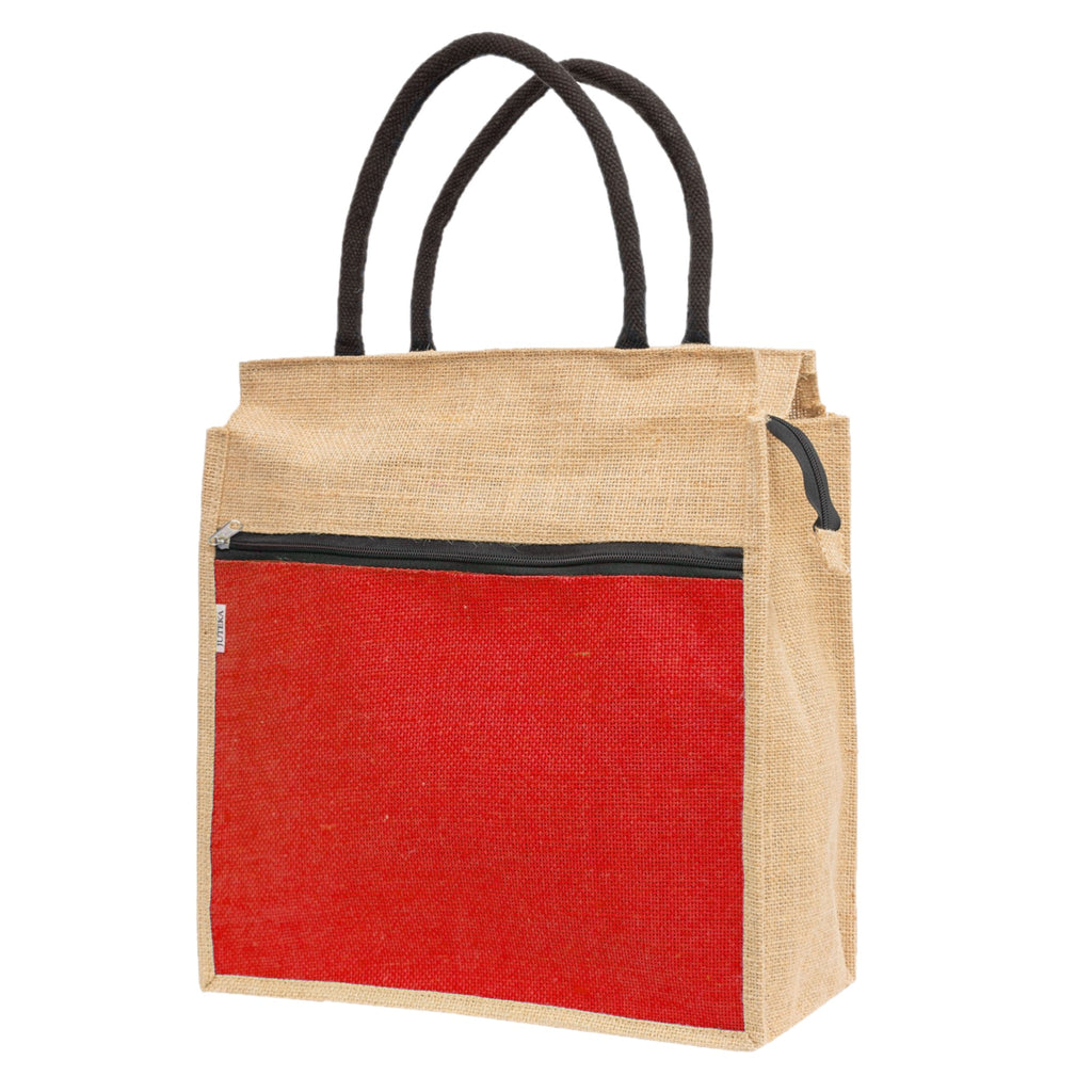 Jute Tote Bag with White Zipper Pocket