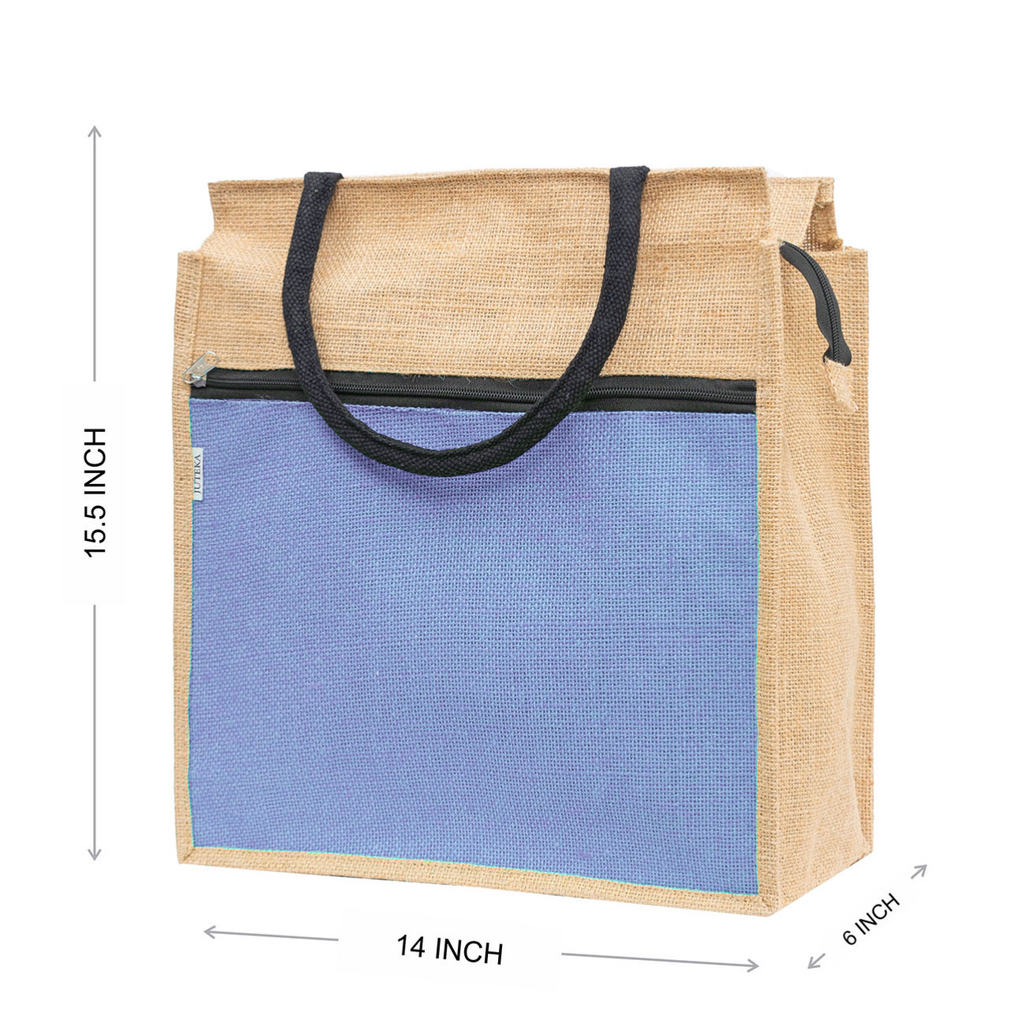 Jute Tote Bag with White Zipper Pocket