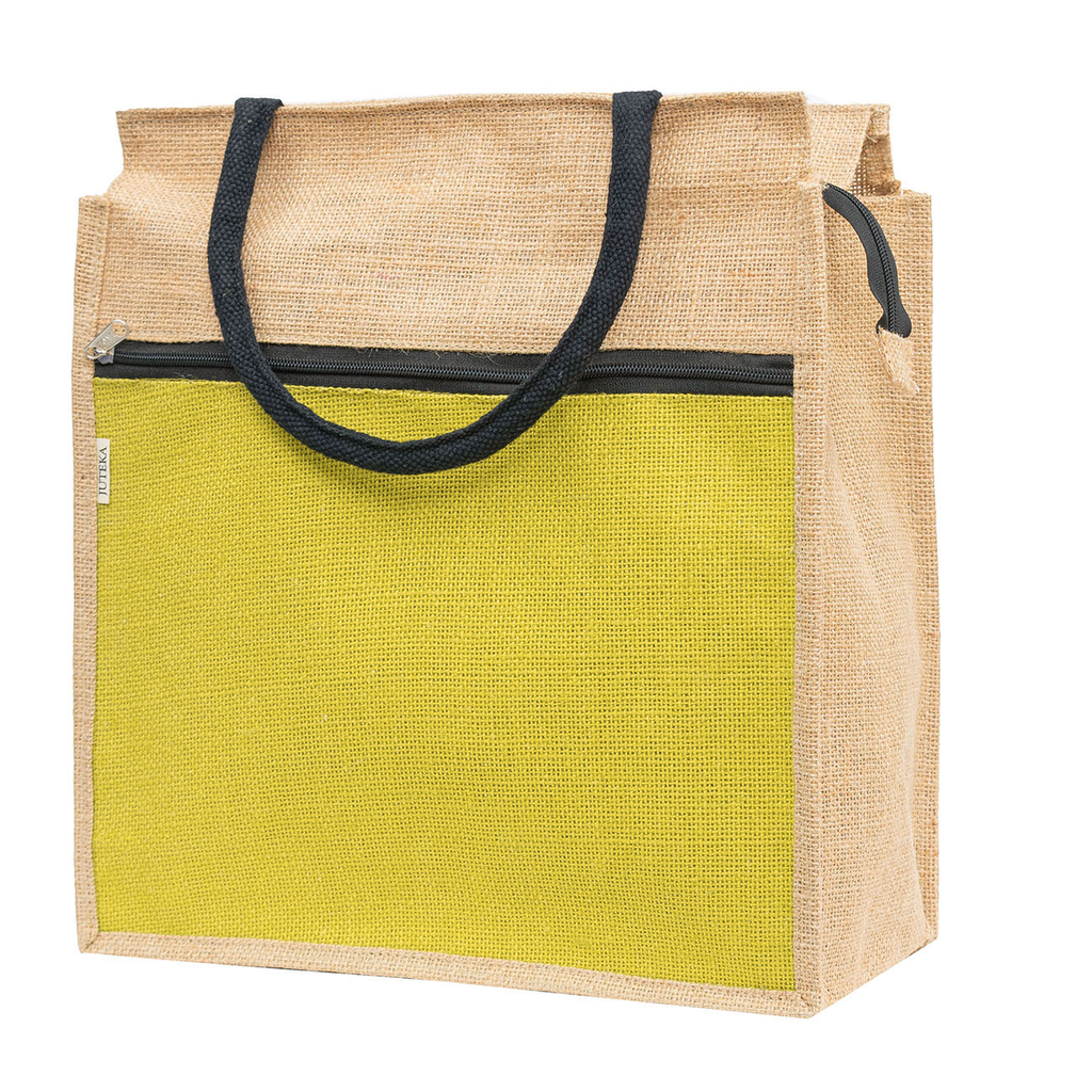 Jute Tote Bag with White Zipper Pocket