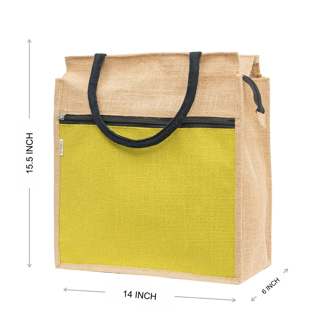 Jute Tote Bag with White Zipper Pocket