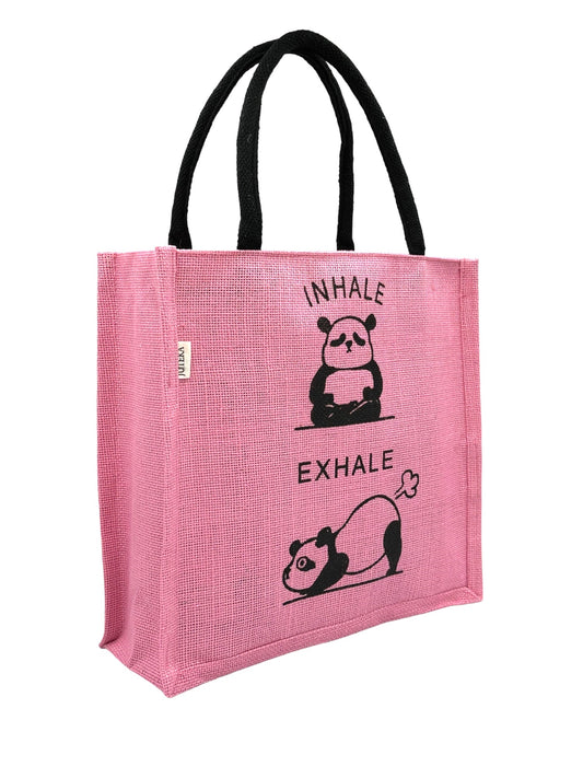 "Inhale Exhale" Panda Design Jute Tote Bag