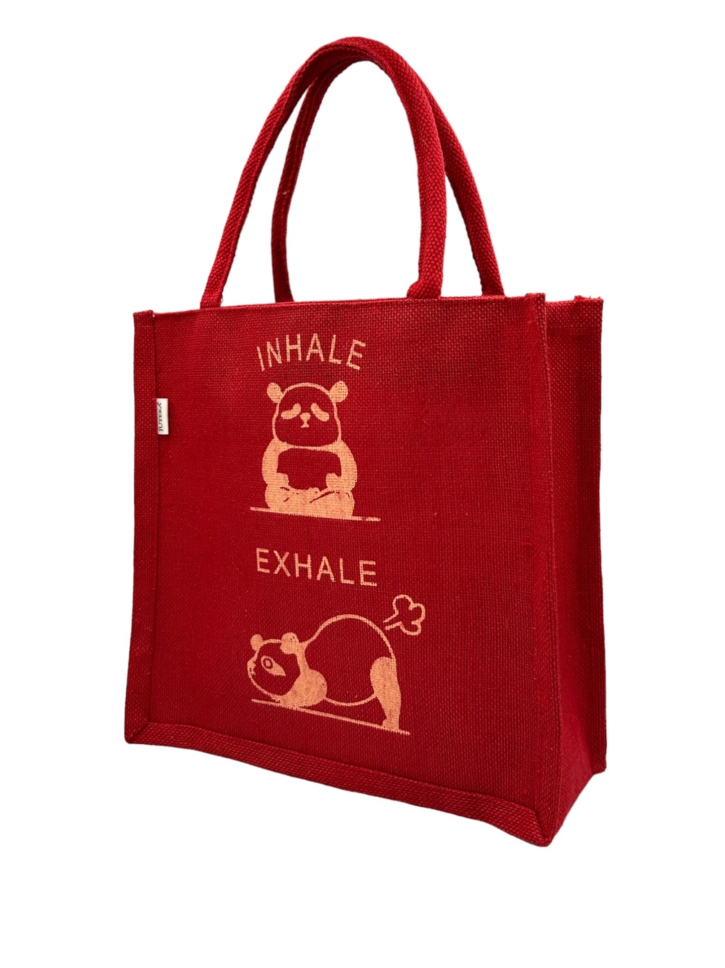 "Inhale Exhale" Panda Design Jute Tote Bag
