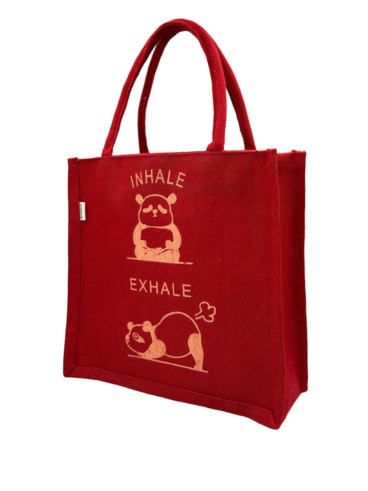 "Inhale Exhale" Panda Design Jute Tote Bag