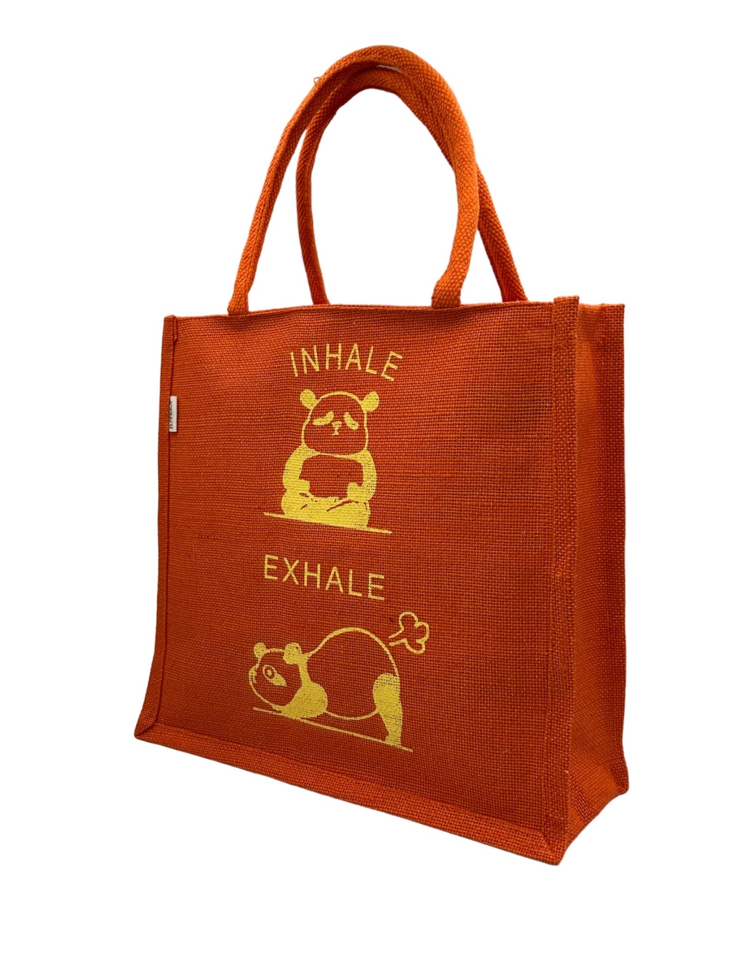 "Inhale Exhale" Orange Panda Jute Tote Bag