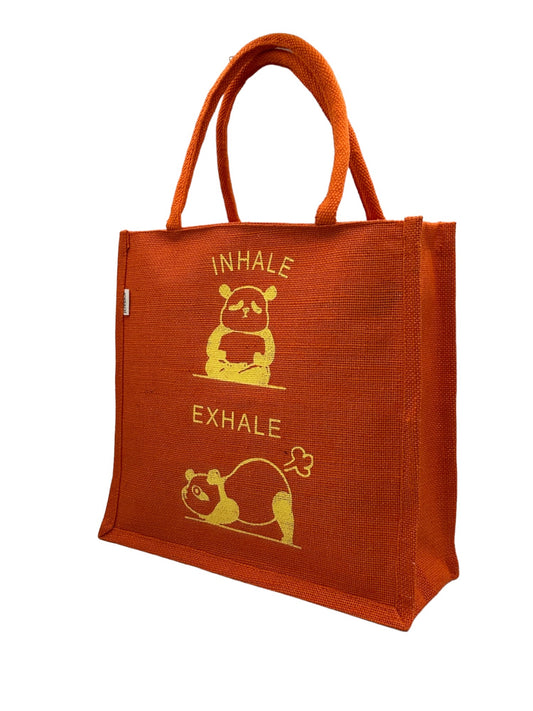 "Inhale Exhale" Orange Panda Jute Tote Bag