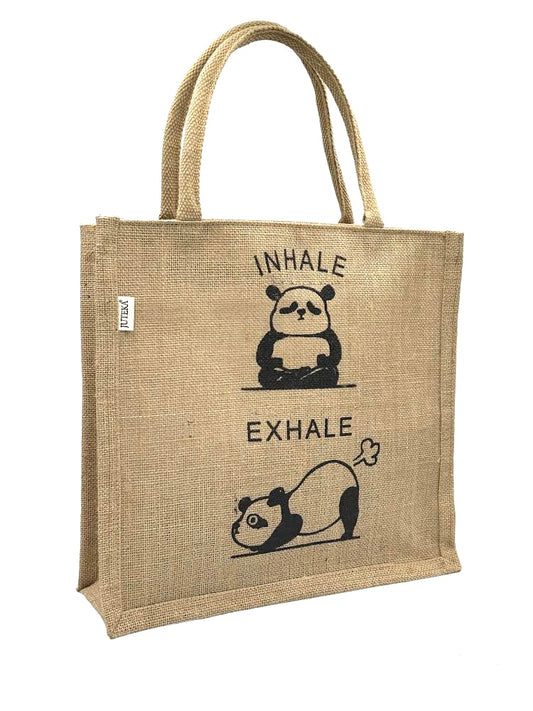 "Inhale Exhale" Panda Jute Tote Bag