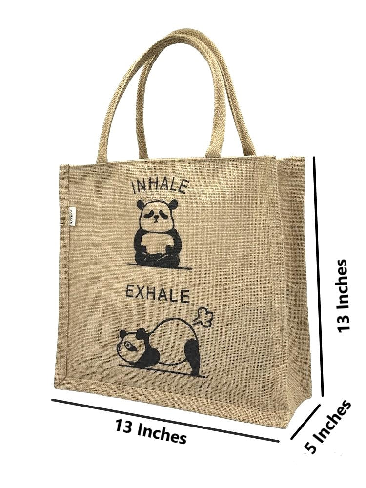 "Inhale Exhale" Panda Jute Tote Bag
