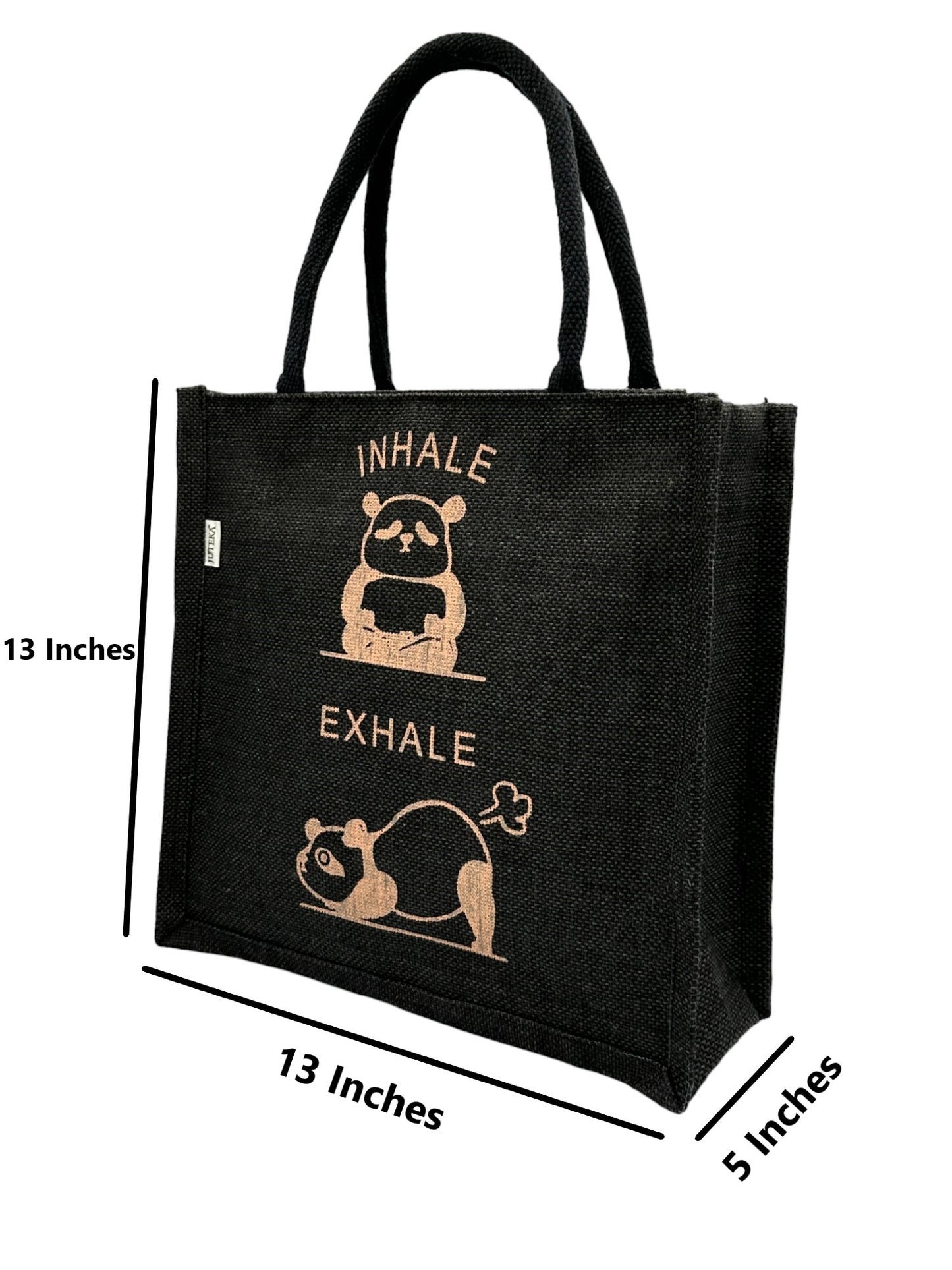 "Inhale Exhale" Black Panda Jute Tote Bag
