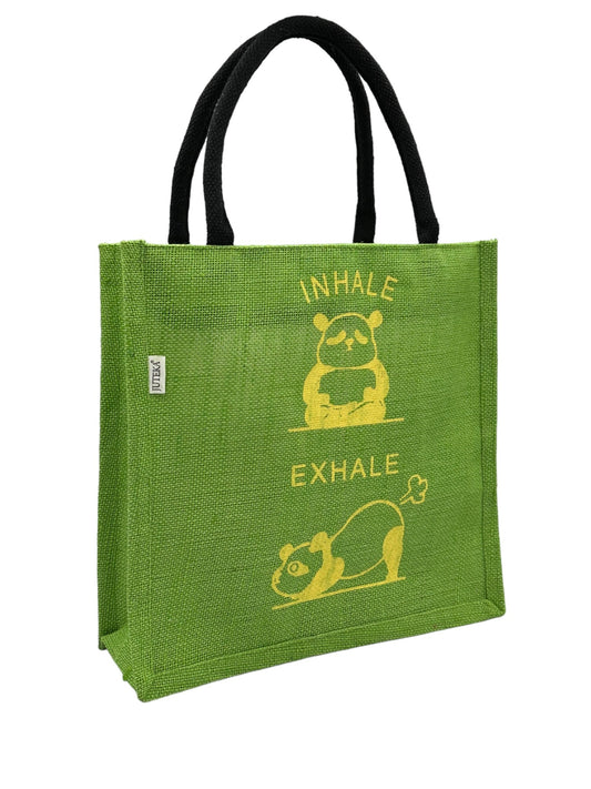 "Inhale Exhale" Panda Design Jute Tote Bag