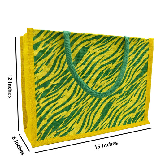 Vibrant Yellow & Green Tiger Print Jute Tote Bag