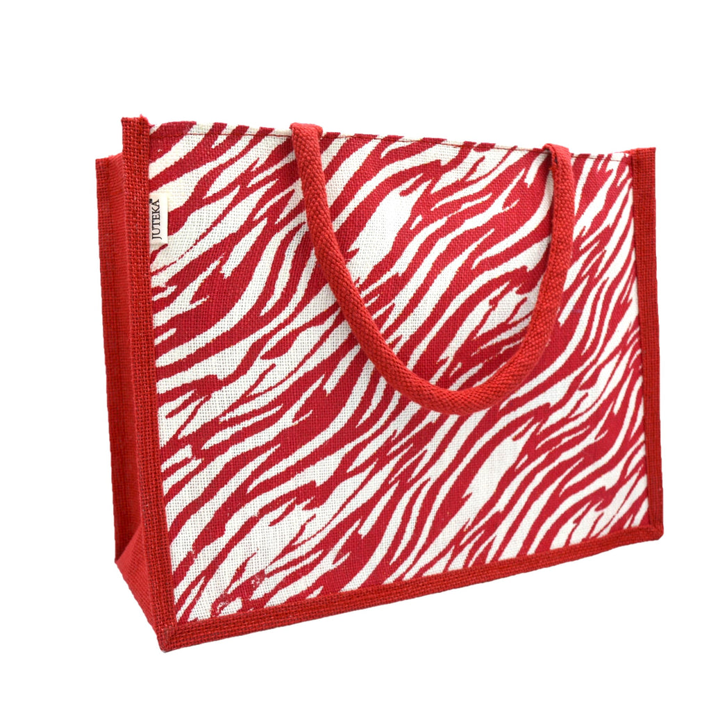 Bold Red & White Tiger Print Jute Tote Bag