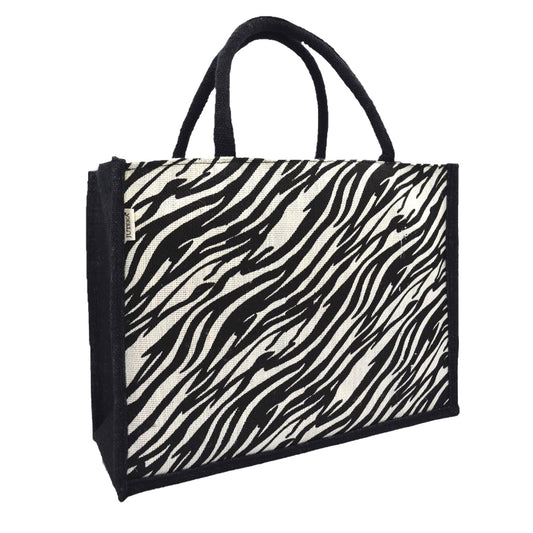 Classic Black & White Tiger Print Jute Tote Bag