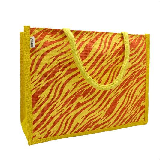 Bold Yellow & Red Tiger Print Jute Tote Bag