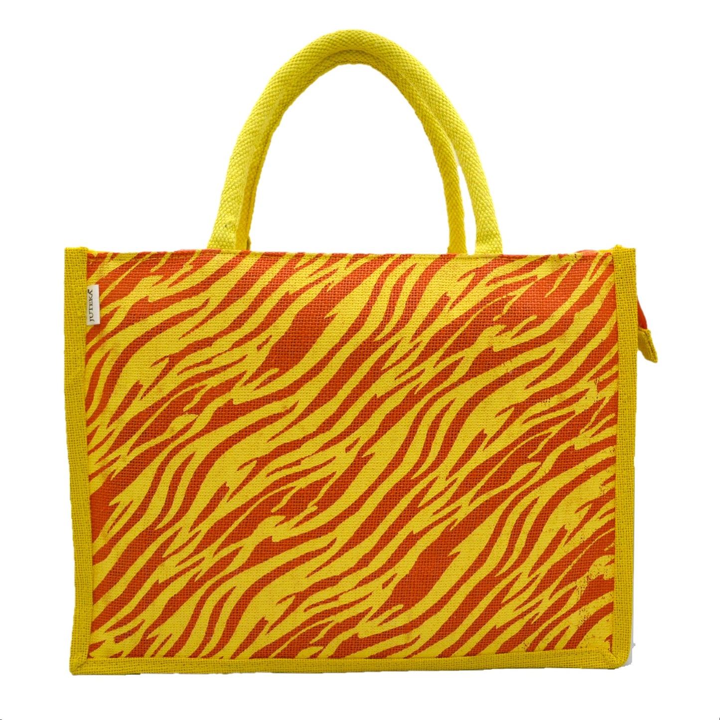 Bold Yellow & Red Tiger Print Jute Tote Bag