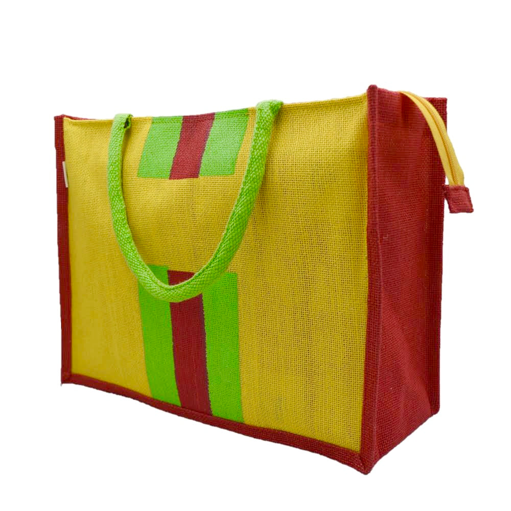 Jute Tote Bag – Green & Red Stripes