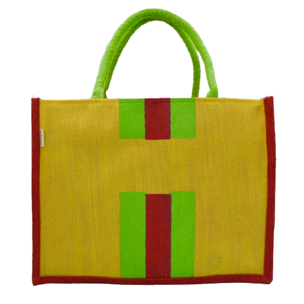 Jute Tote Bag – Green & Red Stripes