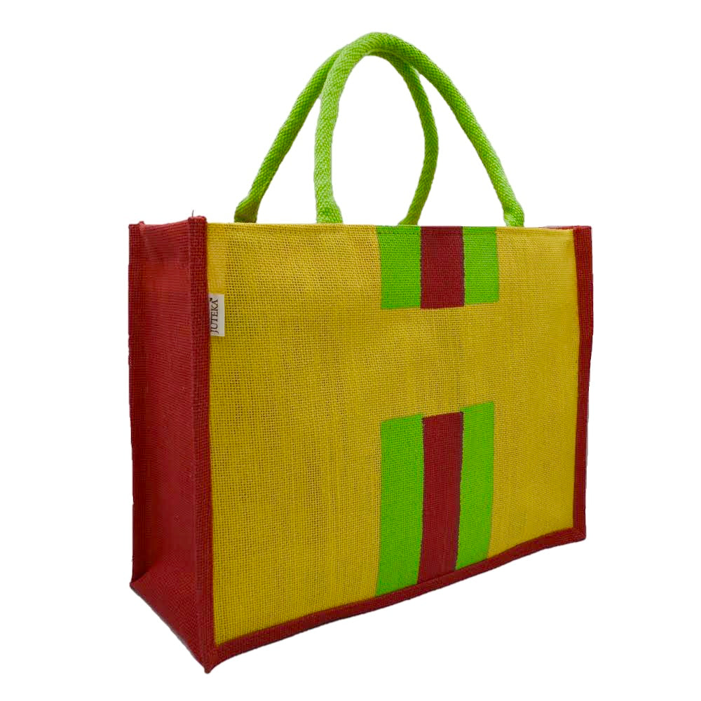 Jute Tote Bag – Green & Red Stripes