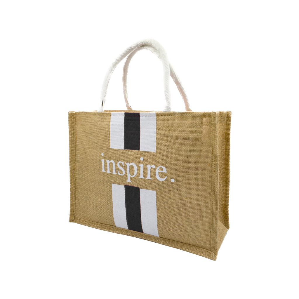 Inspire Jute Tote Bag – Black with White Stripes