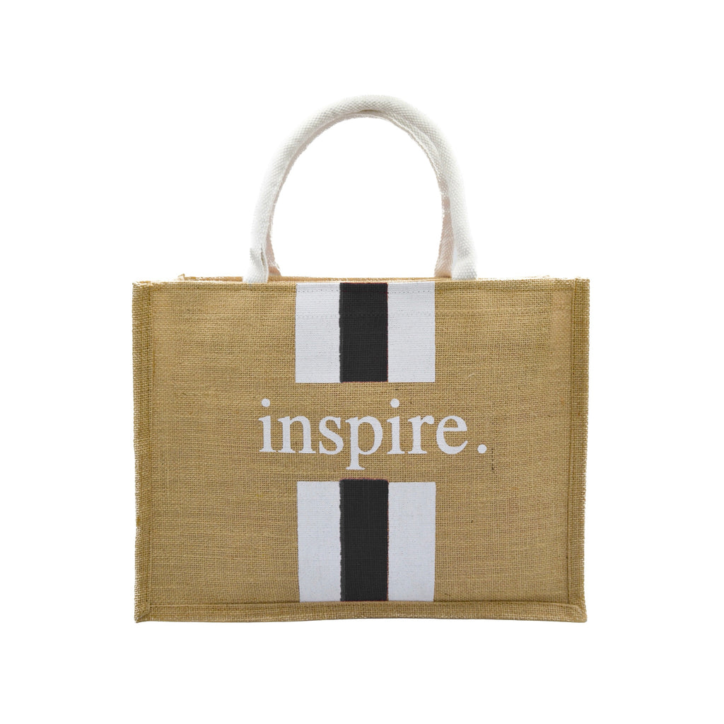 Inspire Jute Tote Bag – Black with White Stripes